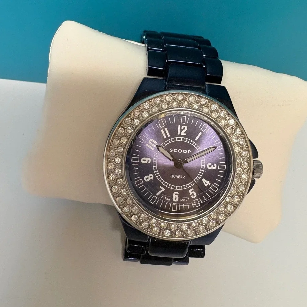 Scoop Quartz Watch Purple Dial Crystal Bezel Navy Link Bracelet Need Battery